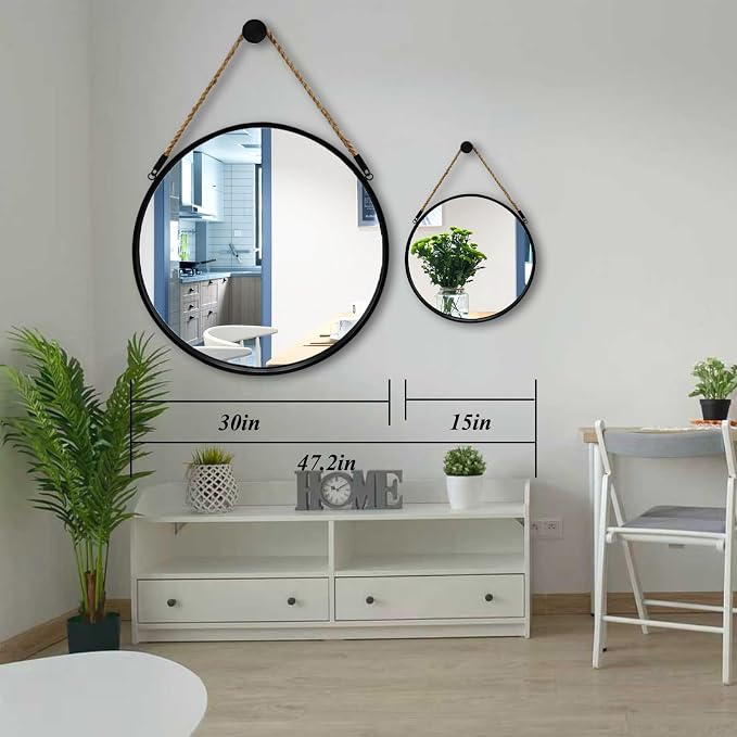 POZINO 30 Inch Large Round Hanging Mirror with Black Metal Frame | Circle HD Mirror with Jute Rope, Anti-Rust, Farmhouse Decorative Wall Mirror for Entryway, Living Room, Fireplace, Bathroom