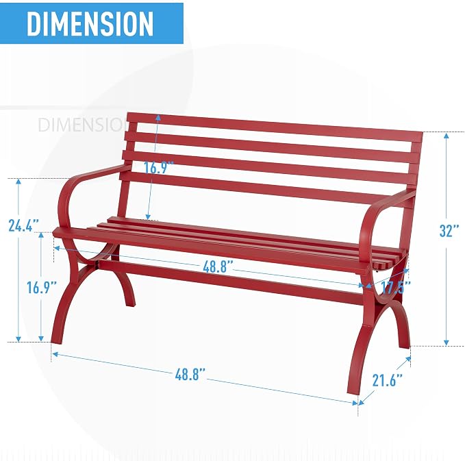 Sophia & William Outdoor Garden Bench Patio Park Bench, Metal Steel Frame Furniture with Backrest and Armrests for Porch Yard Lawn Deck, Red