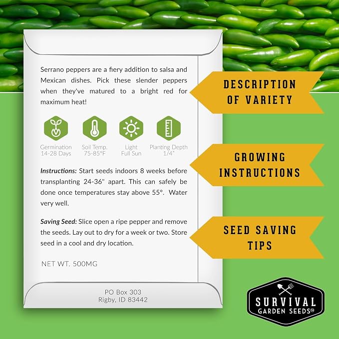 10 Pepper Seed Variety Pack for Planting - Survival Garden Seeds | Jalapeño, Serrano, Cayenne, Bell, Habanero, Cubanelle, & More – Hot & Sweet Heirloom Non-GMO Peppers Collection