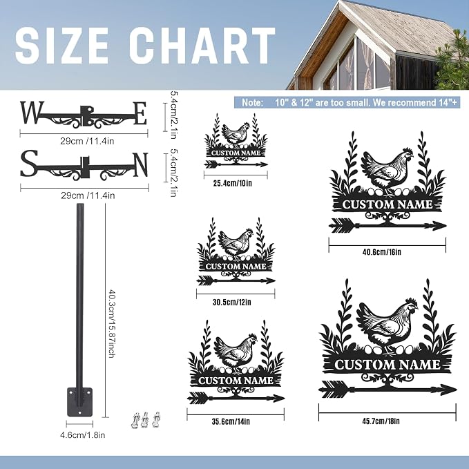 Personalized Metal Weather Vane, Custom Name Weathervane, Chicken Coop Signs, Weather Vanes for Outside, Wind Vanes for Farmhouse Yard Shed Decor, Housewarming Gifts Color02