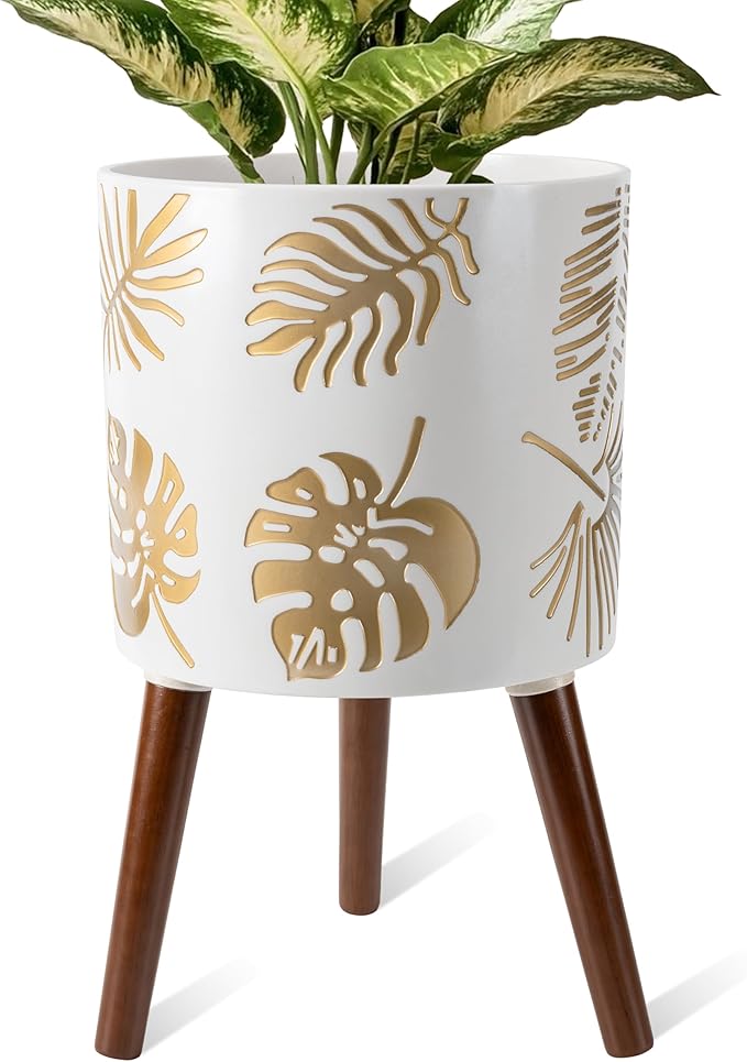 12 Inch Planter, Plant with Stand, Large Planters for Indoor Plants,Flower Pot with Drainage Holes for Outdoor,White and Gold
