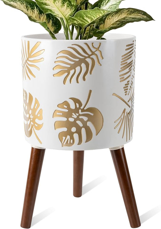 12 Inch Planter, Plant with Stand, Large Planters for Indoor Plants,Flower Pot with Drainage Holes for Outdoor,White and Gold