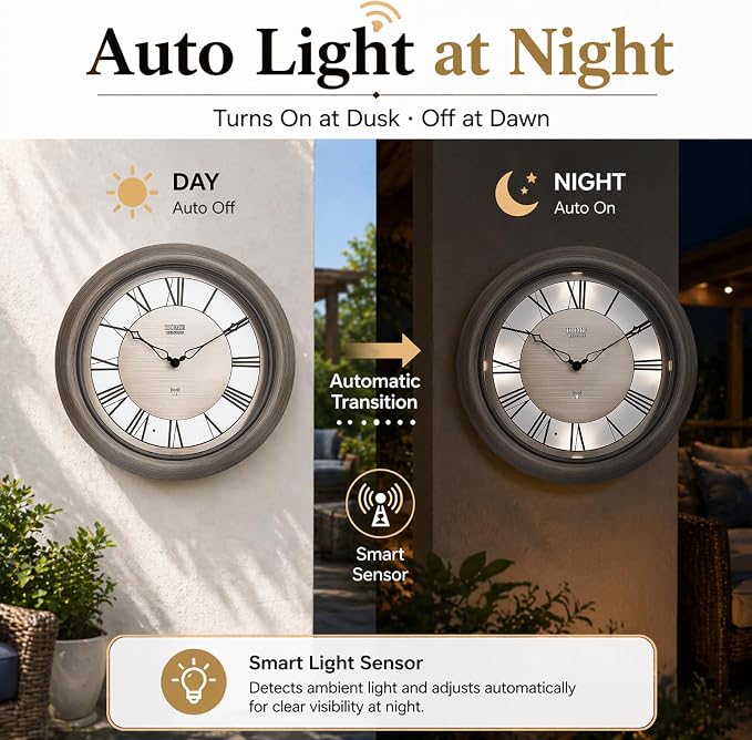 Pytha Sight 18 Inch Outdoor Clocks Waterproof, Atomic Analog Large Roman Numerals Outdoor Wall Clock with Light Sensor, Silent Non-Ticking Outdoor Clock for Patio Garden Porch Pool