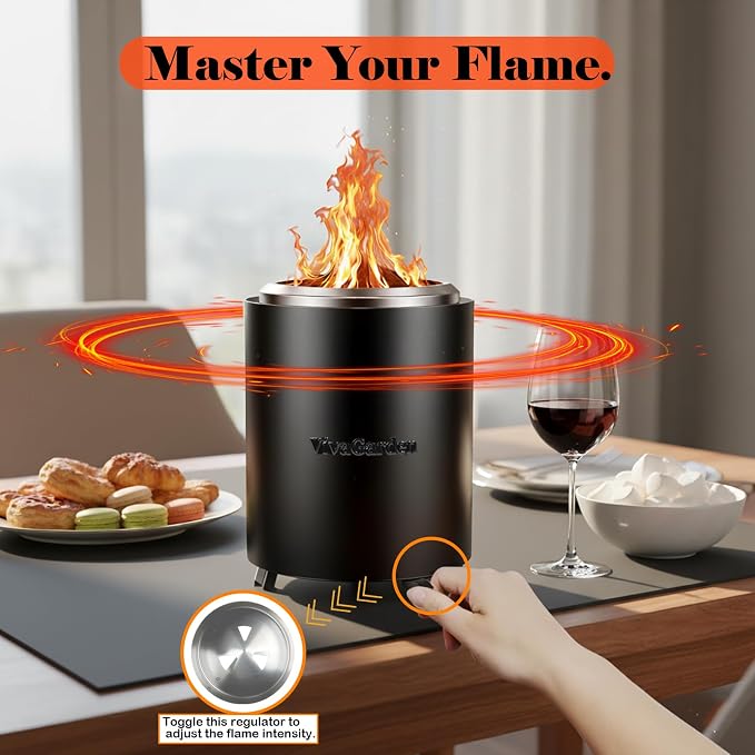 Portable Tabletop Fire Pit, VivaGarden Smokeless Table Top Fire Pit, Wood Burning & Pellets Outdoor Camping Stove with Carry Bag, Forks and Mat (9.7x7.1 Inch, Black)