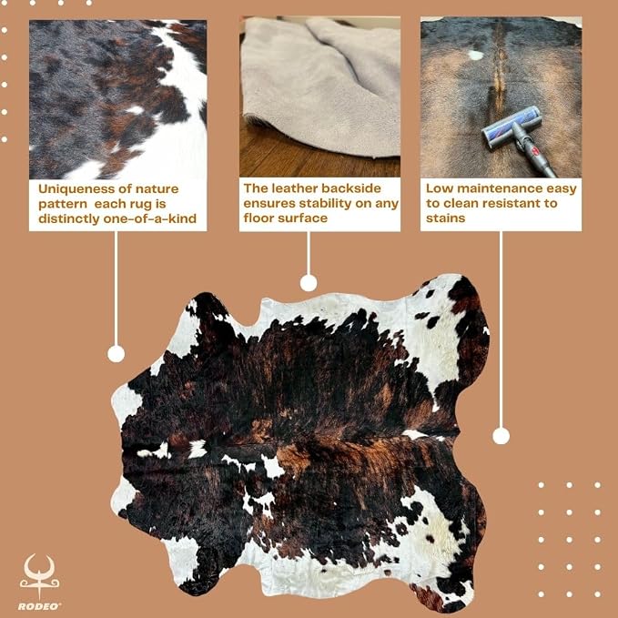 rodeo Genuine Cowhide 6x8 ft – Real Cow Hide Rug Dark Tricolor Brindle – Natural Hair-on Cow Skin Area Rug for Living Room, Western Rug Home Décor, Rustic Brown and White Cow Print Carpet