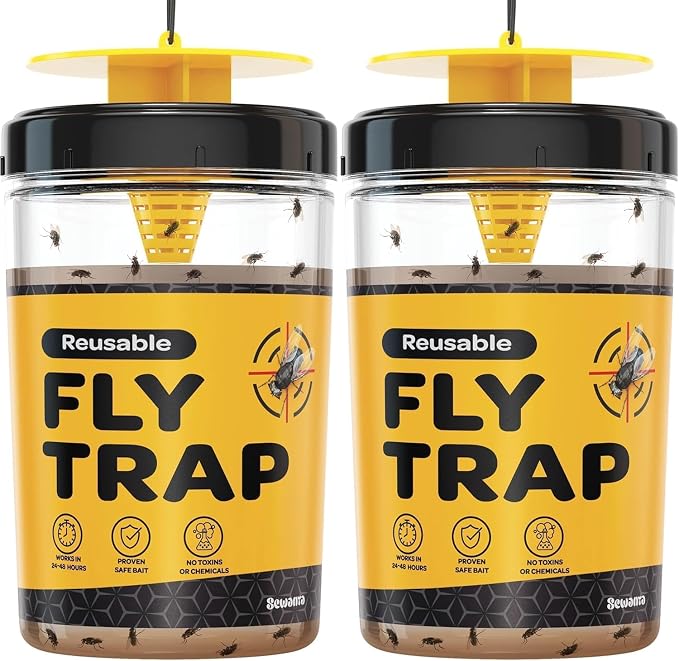 Outdoor Fly Trap [Set of 2] Fly Traps with Dissolvable Non-Toxic Bait - Fly Repellent for Outdoor Use Only - Controls Flies for Patios, Barns, Ranches Etc. Hanging Fly Traps with Tie Included