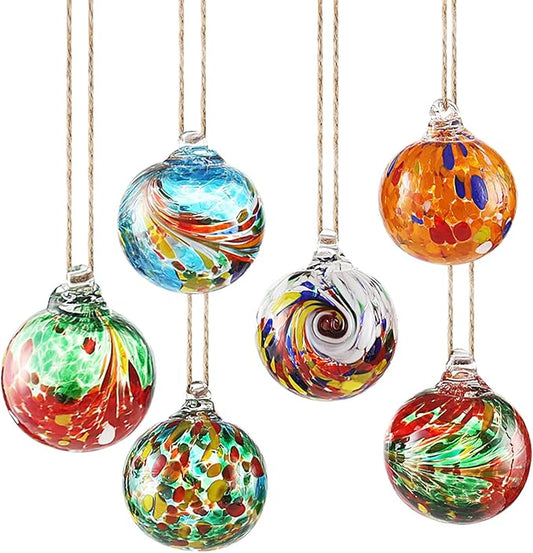 VOREEN 6-Pack Blown Glass Christmas Ornaments, 2.56" Handblown Hanging Glass Gazing Balls for Christmas Tree Decoration, Holiday Ornament Gift Set（Colorful Festival Mix）