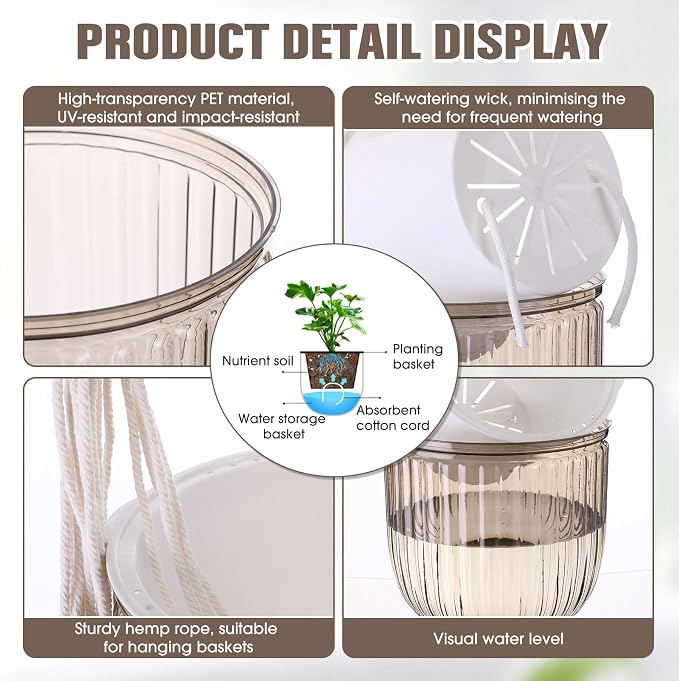 Hanging Planter Set of 6 Self Watering Indoor Flower Pots with Water Level Indicator Modern Plant Hangers for Indoor Garden Decor Balcony Apartment Boho Home Decoration Easy Care(Grey)