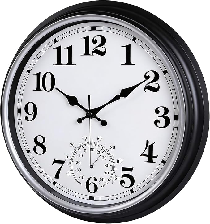 16 Inch Large Outdoor Clock Retro Waterproof Clock Non-Ticking Indoor/Outdoor Wall Clock with Thermometer, Battery Operated for Pool, Patio, Garden, Black