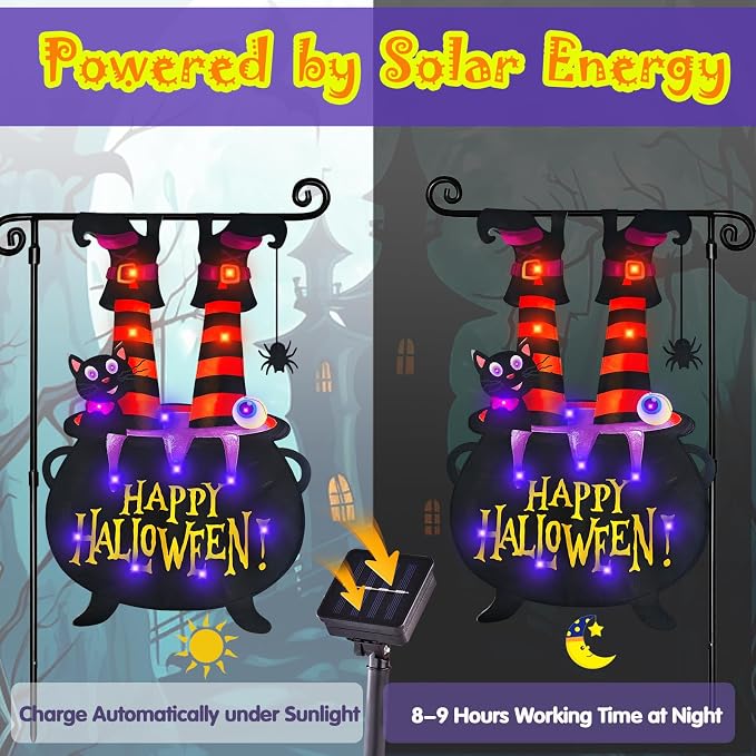 Halloween Lighted Garden Flag for Outside, Led Solar Yard Flag 8 Modes Witch Feet Shape Flag, 12x18 Double Sided Cauldron Eyeball Black Cat Decorations for Home Porch