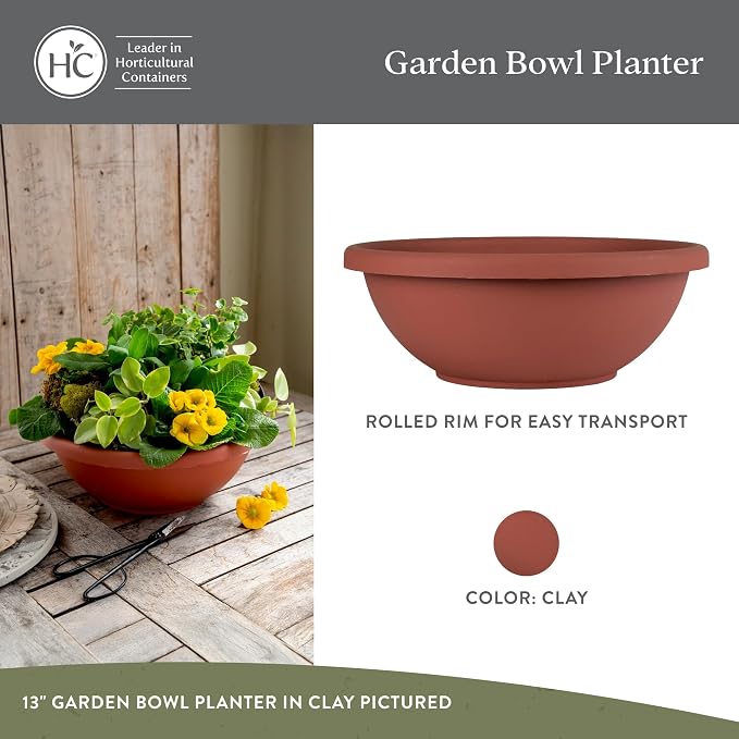 The HC Companies Shallow Planter with Drainage - Contemporary Garden Bowl Planter for Flowers, Herbs & More - Round Succulent Planter Pot for Indoors and Outdoors (15.5" Clay, Pack of 1)