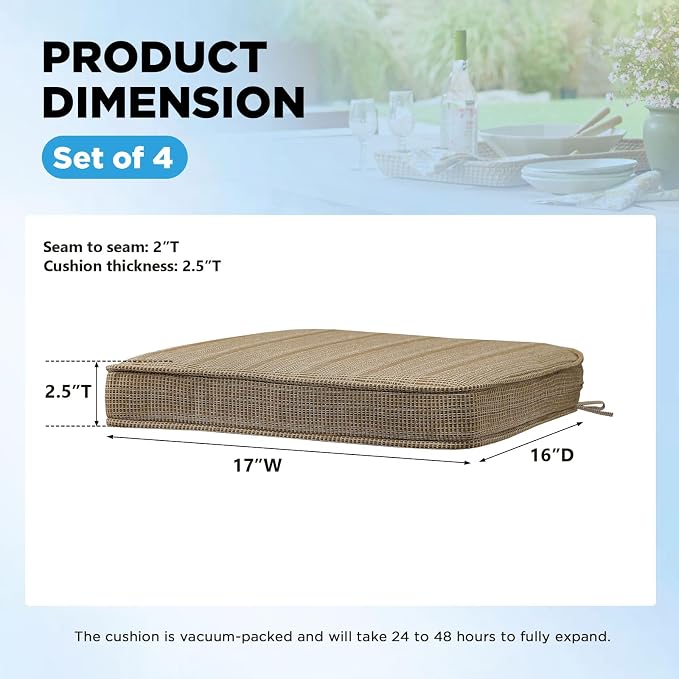 17 x 16 Inch Outdoor Chair Cushions with Tie Straps, Set of 4 Thick Water Repellent Round Patio Chair Pads for Garden Lawn Patio Furniture, Sierra Linen
