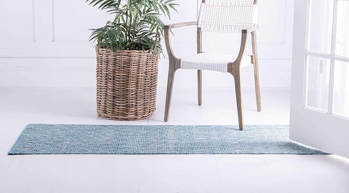 Unique Loom Outdoor Trellis Collection Area Rug - Tribal Trellis (2' x 6' 1" Runner, Aqua/ Ivory)