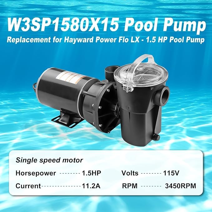 W3SP1580X15 1.5 HP Pool Pump, Single speed motor, 115V 11.2A 3450RPM 60Hz, Direct Replacement for Hayward PowerFlo LX Series
