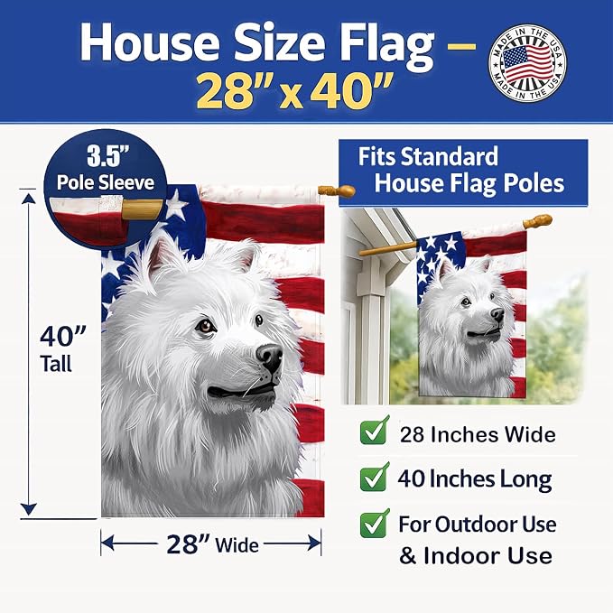 Caroline's Treasures CK6398CHF American Eskimo Dog American Flag House Flag Large Porch Sleeve Pole Decorative Outside Yard Banner Artwork Wall Hanging, Polyester, House Size, Multicolor