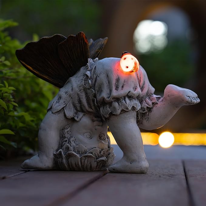Suyorpe Solar Fairy Garden Statue Decor - Gifts for Women Mom Mother's Day, Angel Boy Resin Figurine Waterproof Home Decoration with Ladybug LED Lights for Outdoor Balcony Lawn Yard Patio