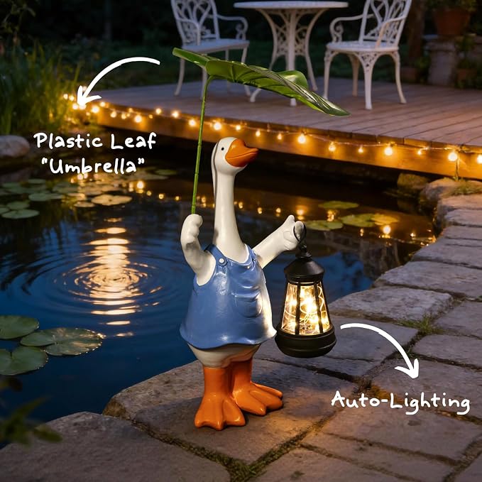 Goose Garden Statues Porch Goose Statue Holding Leaf with Solar Lantern Front Porch Yard Lawn Summer Outdoor Decorations Duck Unique Christmas Birthday Gifts for Mom Women