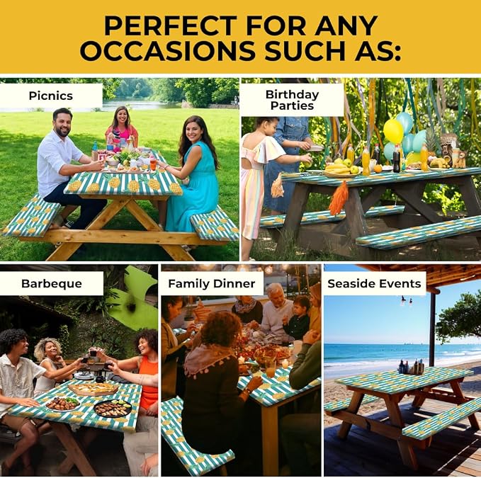 RNOONY 6ft Polyester Picnic Table Cover with Bench Covers Windproof & Waterproof Tablecloth, Perfect for Camping Gifts & RV Essentials, Cool Camping Gadgets, with Carrying Bag, 72x30 Inches, 4Pcs