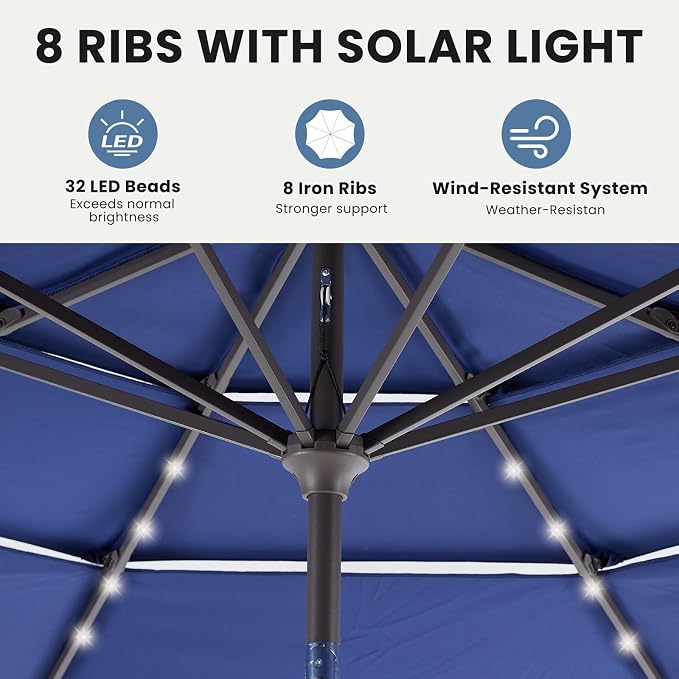 DUMOS Outdoor Solar Patio Umbrella 3 Tiers with 32 LED Lights, Beach Market Table Umbrella with Crank and 8 Sturdy Ribs for Pool, Terrace, Restaurant