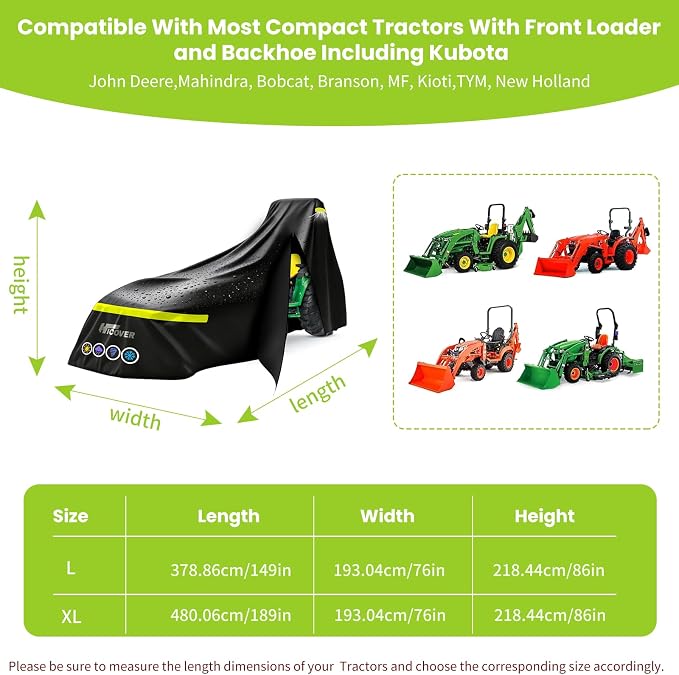 Tractor Cover for John Deere, Kubota, and New Holland - 600D Oxford Fabric for Snow, Rain and Dust Protection - Heavy Duty Tractors Cover with With Zipper & Air Vent. （149 L x 76 W x 86 H in）