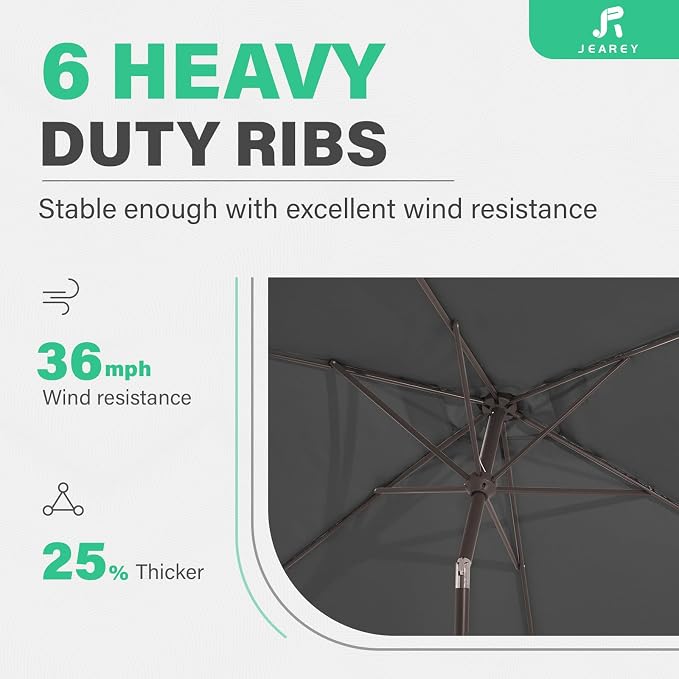 JEAREY 6.5x10 ft Rectangular Patio Umbrellas Rectangle Outdoor Umbrella with Push Button Tilt and Crank, Market Table Umbrella 6 Sturdy Ribs UV Protection for Poolside Garden Backyard Deck, Gray
