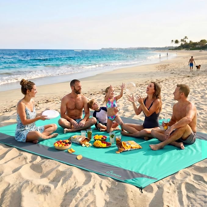 Wolfwise 78" × 108" XXL Beach Blanket, Waterproof & Sandproof Picnic Mat with 4 Sand Pockets & 4 Stakes, Windproof Outdoor Camping Beach Mat, Lightweight, Fits 6 People, Green