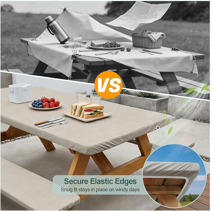 Picnic Table Cover with Bench Covers Camping Essentials Waterproof Windproof Camping Tablecloth with Drawstring Bag, Fitted Rectangle Tables and Seats, 72in, Beige Linen Texture
