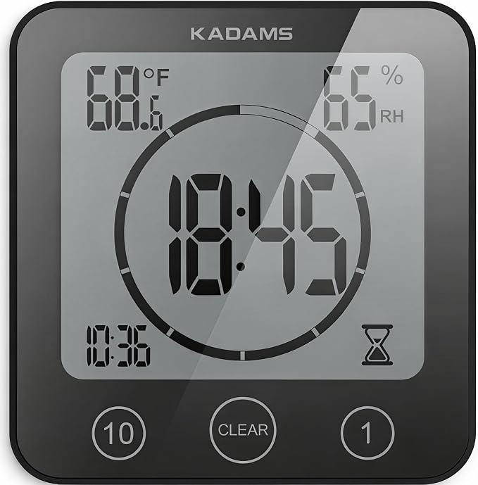 KADAMS Shower Clock Waterproof Bathroom Timer – Digital Wall Clock with Countdown, Magnetic Kitchen Clock with Temperature & Humidity, Suction Cup for Kids Shower Spa Cook Bath (Black)