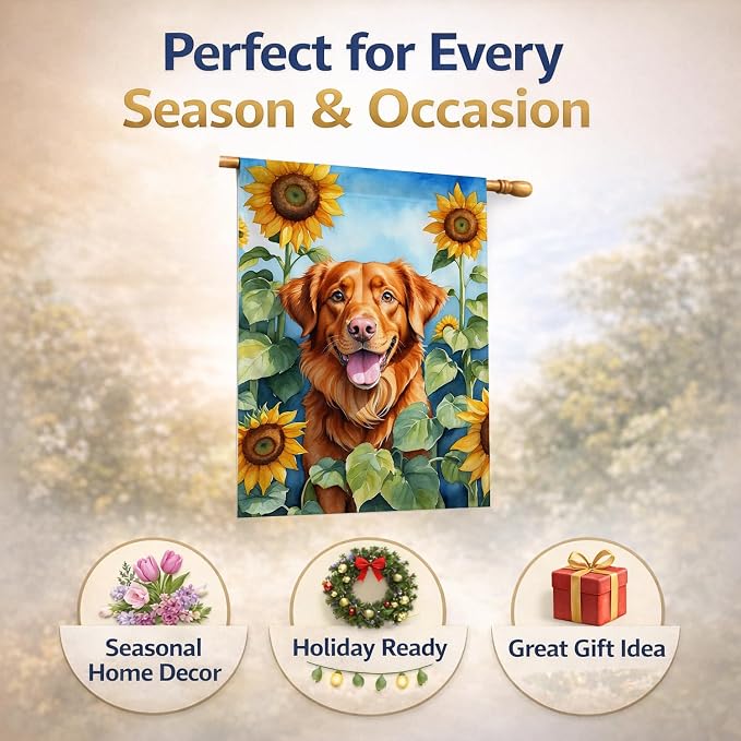 Caroline's Treasures DAC6128CHF Nova Scotia Duck Toller in Sunflowers House Flag Large Porch Sleeve Pole Decorative Outside Yard Banner Artwork Wall Hanging, Polyester, House Size, Multicolor