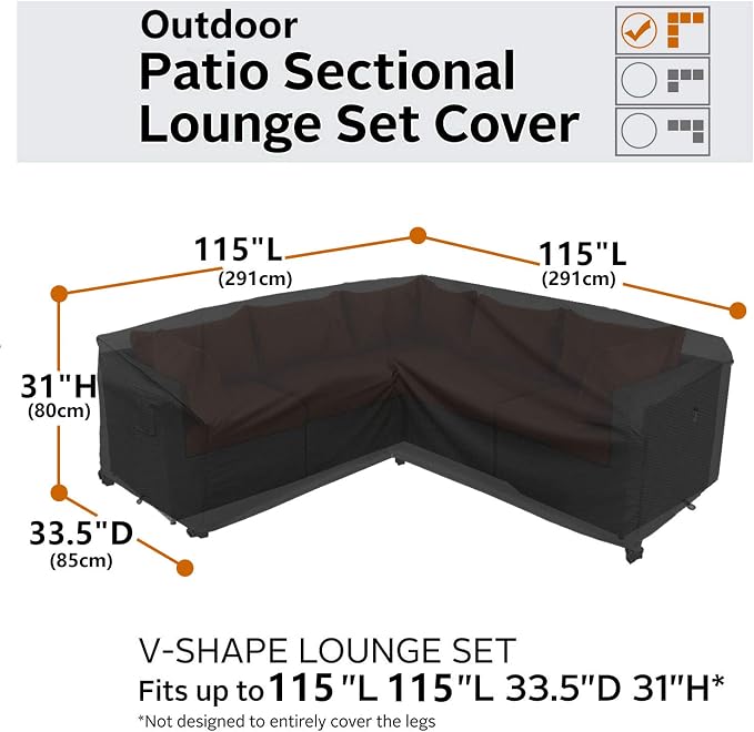 Heavy Duty Outdoor Sectional Sofa Cover, 115"X115" Waterproof 600D Patio Sectional Couch Protector, Lawn Patio Furniture Covers(Midnight Black, V-Shaped-115 x115)