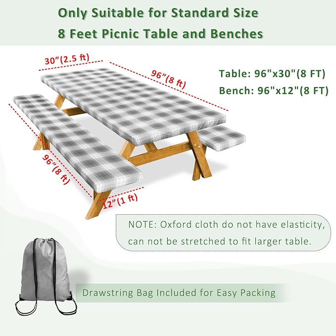 Picnic Table Cover with Bench Covers Camping Essentials Reusable Waterproof Windproof Camping Tablecloth Fitted Rectangle Tables and Seats, 96in, Gray Plaid