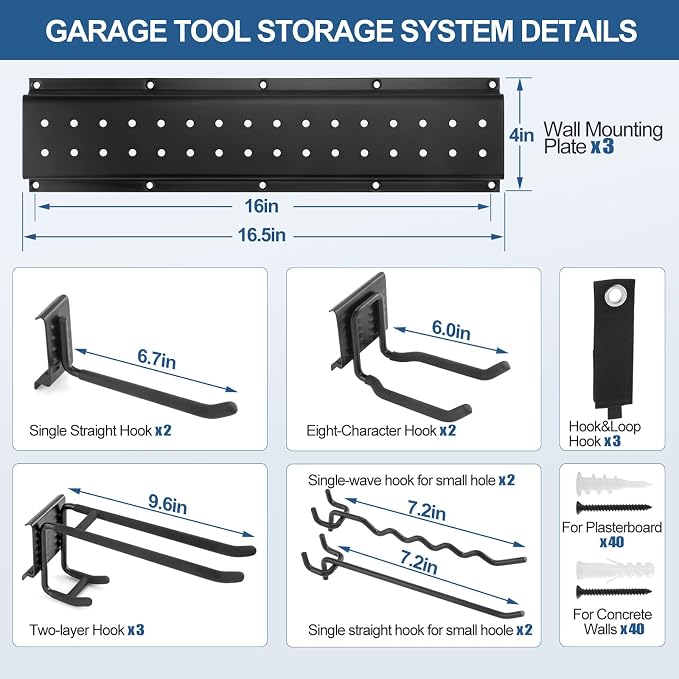 49.5'' Garage Tool Organizer Wall Mount Load 520Lbs with Heavy Duty 14Hooks | 520lbs Heavy Duty Garden Tool Organizer, Garage Wall Organizer for Garden Tool Yard Tool Shovel Rake Broom Ladder