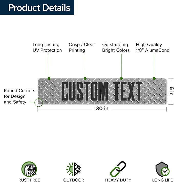 Custom Sign, Custom Street Sign, 11 Font Colors, 13 Font Styles, 4 Hole Options, 22 Sizes, 6x30 Inches, Rust Free DiBound, Fade Resistant, Made in USA by My Sign Center (Diamond Metal)