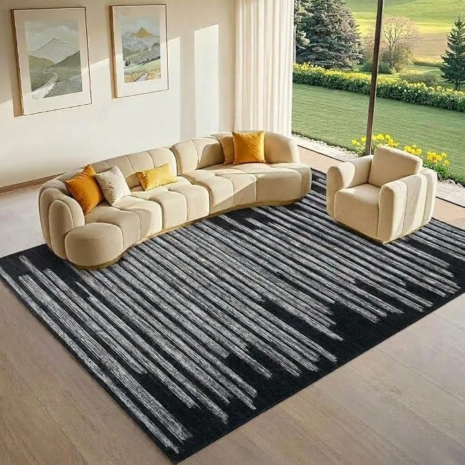 GarveeHome Black Rug 6x9 Washable Low Pile Carpet for Living Room Bedroom | Modern Striped Area Rugs for Home Office Geometric Stain Resistant Non Slip Bedroom Kitchen Rugs , Black
