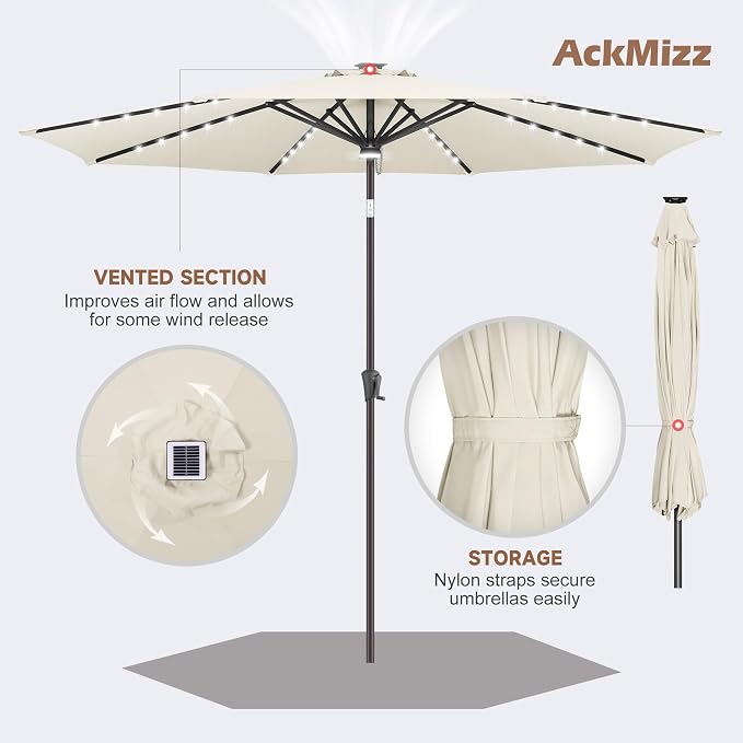 10FT Solar Umbrella Outdoor - Lighted Solar Patio Umbrella with 40 LED Lights Waterproof UV Protection, Table Umbrella with Tilt for Pool, Porch, Garden, Deck, Backyard (Ivory)