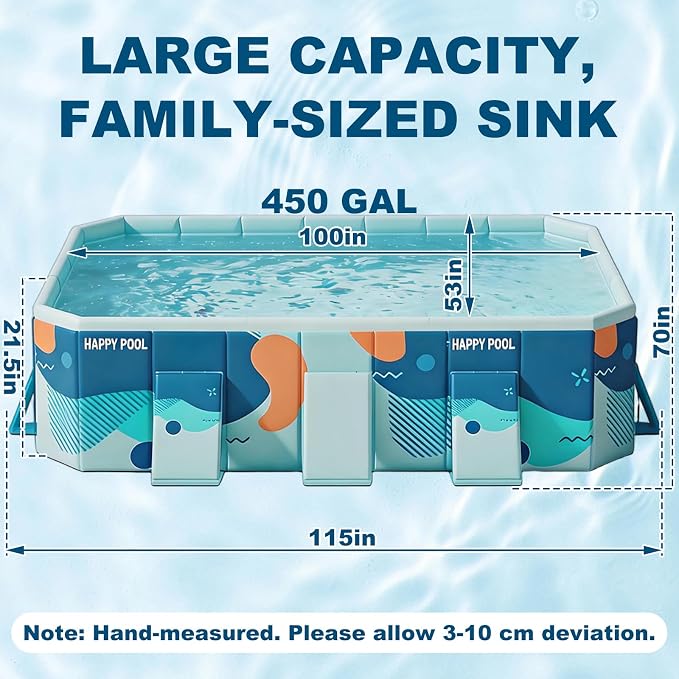 Large Foldable Family Swimming Pool for Kids & Dogs, 115" L x 65" W x 21.5" D Hard Plastic Square Pool with Reinforced Sidewalls and Easy Setup for Backyard