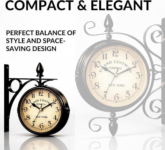 Double Face Wall Clock Black – Small Vintage Wall Clock Double Sided 360 Degree Rotate Antique for Outdoor Indoor Decorative Office Kitchen Living Room