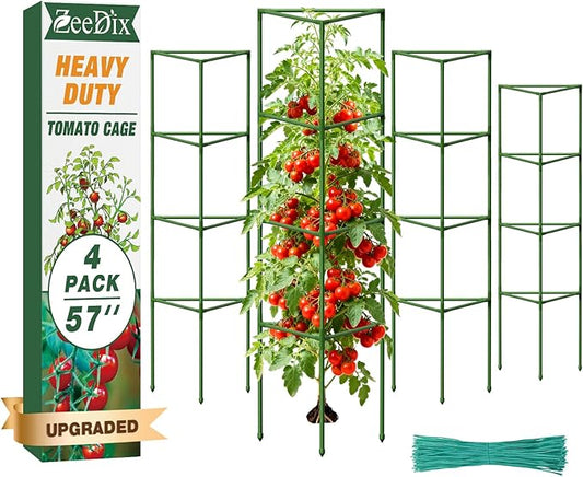 ZeeDix 4 Pack Heavy Duty Tomato Cages for Garden, 57 Inch Foldable Plant Support Stakes for Heavy Climbing Plants, Adjustable Tomato Trellis for Indoor Pots & Raised Garden Bed Outdoor