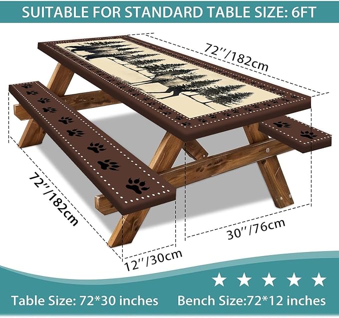 Picnic Table Cover with Bench Covers and Bag, Farmhouse Bear Camper Waterproof Windproof, Fitted Tablecloth Cover with Elastic Edge, for Indoor & Outdoor, Garden, Camping, 3 Pieces Set, 30x60 Inch