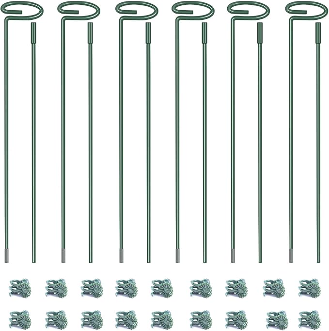 4.5mm Adjustable Length Plant Stake, Assembled (12 or 24 inch) Outdoor and Indoor Plant Support Poles for Flowers Marigolds Tomatoes Lilies Peonies Roses Daffodils Flower Clips (6 Sets, 18 Pcs)