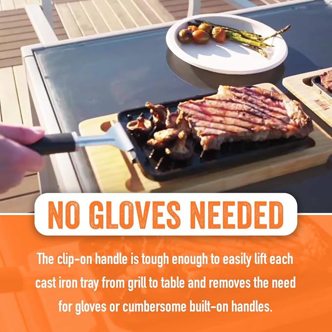 Yukon Glory Cast Iron Grill Pan Set | 2 Grooved Cast Iron Pans, Wooden Serving Trays & Clip-On Handle | Grill to Table | Gas, Charcoal & Campfire