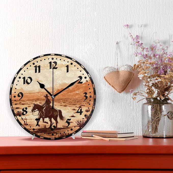 Vintage Western Cowboy Wall Clock, Silent Non Ticking 10 Inch Battery Operated Wall Clocks, Easy to Read Clock for Home Kitchen Living Room Bathroom Office Decor