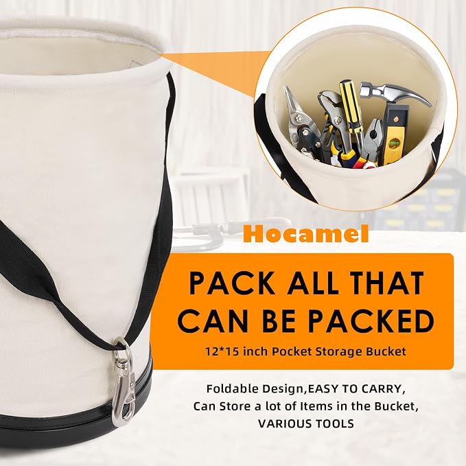 2 Pack Utility Canvas Tool Bucket 15" x 12" All Purpose Canvas Bag,Oval Truck Tool Organizer with Plastic Bottom Metal Hook for Industrial Maintenance Construction Sits