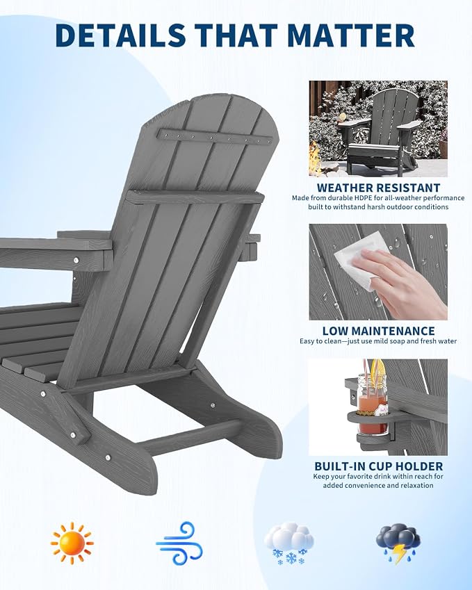 Folding Adirondack Chair Set of 5, All-Weather HDPE Outdoor Chair, Wooden Textured with Cup Holder for patios, Decks, Gardens, fire pits, Grey