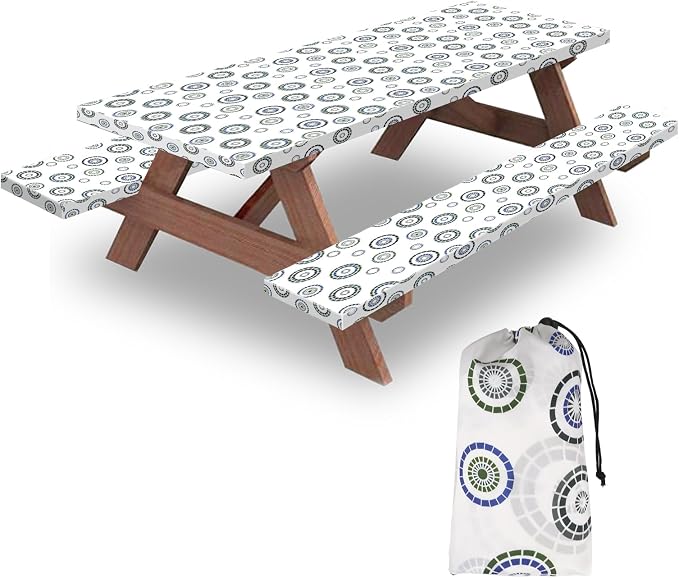 6ft Picnic Table and Bench Cover, Camping Essentials RV Gear, 72 in Waterproof Windproof Outdoor Elastic All Around Tablecloth, Fitted Rectangle Tables and Seats, Blue Flywheel