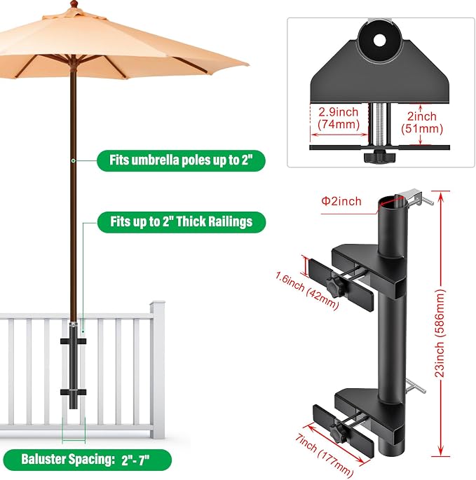 Heavy Duty Deck Railing Umbrella Holder, Adjustable Patio Umbrella Stand for 1-2 Inch Poles, Secure & Sturdy Railing Mount with Locking Pin, Maximizes Deck Space