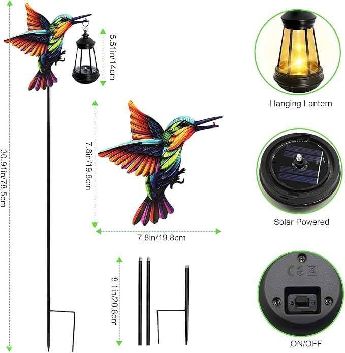 2 Pack Hummingbird Solar Garden lights Outdoor Waterproof, Gifts for Women Mom Grandma Daughter, Stake lights with Solar Lantern, Hanging Solar Lights, Solar Path Light Yard Outside Patio Garden Decor