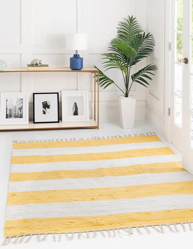 Unique Loom Chindi Rag Collection Area Rug - Striped (7' 10" Square, Yellow and Ivory)