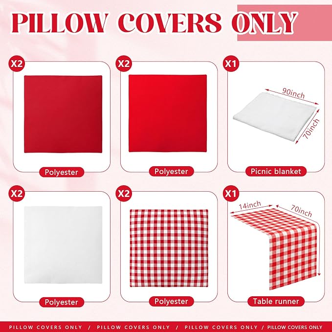 Yuntau Large Outdoor Boho Picnic Blanket with Table Runner 8 Pink White Red Pillows Covers No Pillow Summer Picnic Decor for Camp Birthday Party Bridal Shower Outdoor Backyard Garden(Red)