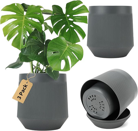 Plant Pots，Set of 3 Plastic Pots for Indoor Plants,Flower Pots Outdoor Planters with Drainage Hole and Seamless Saucer,Gray